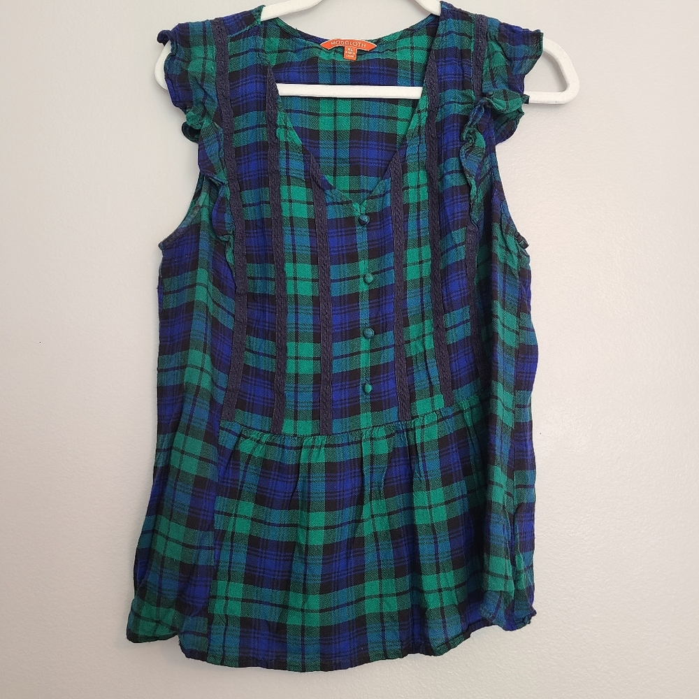 Modcloth Anywhere & Everywhere Embellished Flutter Sleeve Top in Green Plaid XL